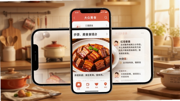 ������ʳʳ��app����չʾ���ֻ���Ļ����ʾ������ͼ�Ĳ��裬����Ϊ��ܰ��ͥ������ůɫ��������ϸ��