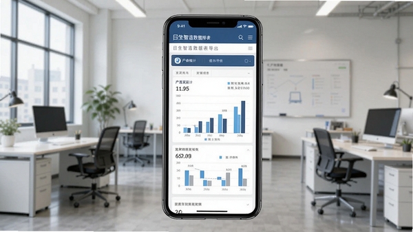 日生智造数据报表导出界面,手机屏幕显示产量统计图表,工厂办公室场景,简洁商务风格