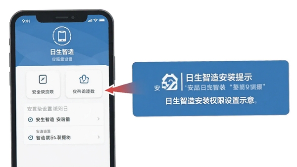 日生智造安装权限设置示意图,手机屏幕显示安全设置界面,简洁扁平化风格,标注日生智造安装提示