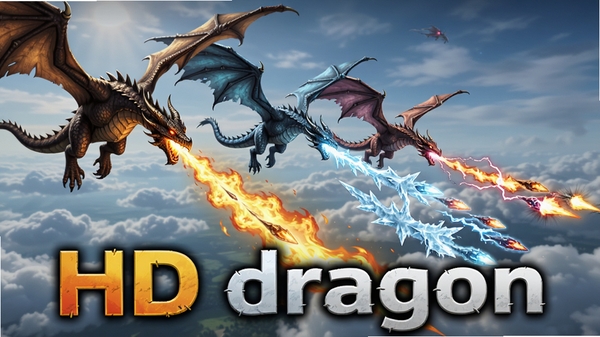 HD dragon游戏画面中多条巨龙编队飞行,火冰雷三系巨龙同时释放弹幕,背景为高清云层天空,软件名称HD dragon醒目展示