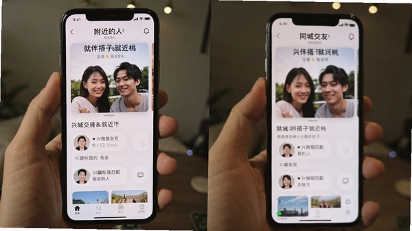 就伴搭子&就近桃 同城交友 兴趣标签匹配 附近的人 手机界面展示