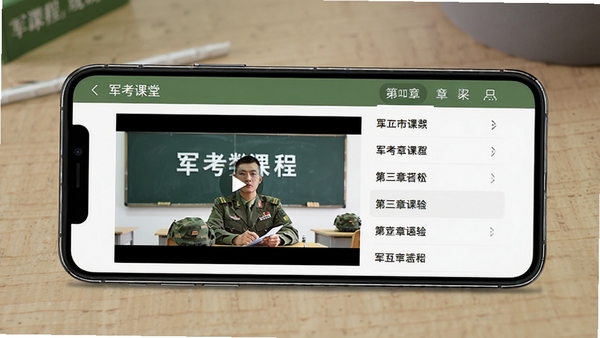 军考课堂软件内课程学习界面,手机屏幕显示军考数学课程视频与章节列表,界面简洁清晰,学习氛围浓厚