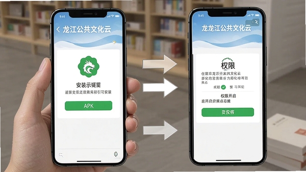 龙江公共文化云安装引导示意图,手机屏幕显示APK安装界面与权限开启步骤,配有箭头标注