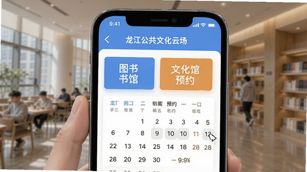 龙江公共文化云场馆预约页面,手机显示图书馆、文化馆预约入口,带有日历选择与名额显示,界面简洁友好