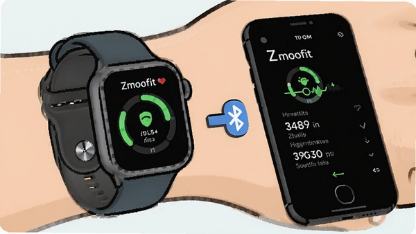 Zmoofit 智能手表与手机蓝牙连接同步运动数据的场景插画