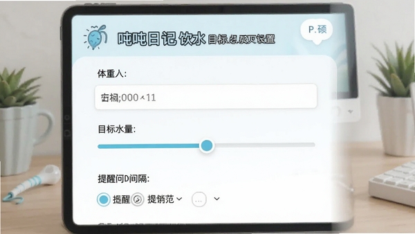 吨吨日记饮水目标设置页面,包含体重输入、目标水量滑块调节、提醒间隔选项,界面配色清爽