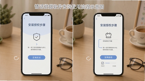 情话微甜软件安装使用流程示意图,手机界面展示安装授权步骤,简洁教程风格配图