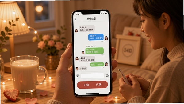 情话微甜软件分享功能展示,手机界面显示复制与分享按钮,社交聊天场景,温馨浪漫色调