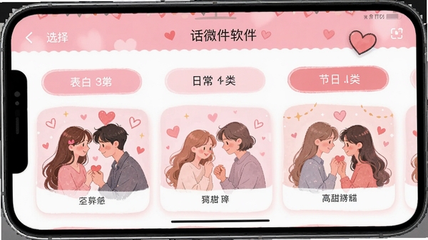 情话微甜软件场景选择界面,展示表白、日常、节日等分类标签,粉色系UI设计,浪漫插画风格