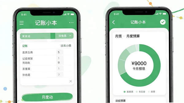 记账小本手机界面展示,简洁记账表单与月度预算环形图,清新绿色调,应用名称记账小本醒目呈现