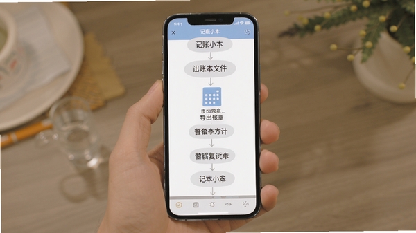 记账小本数据备份与恢复操作流程图,手机屏幕展示导出账本文件步骤,简洁扁平化设计,标注记账小本