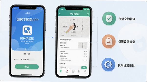 ����ѧ��ҽAPP���ֻ��ϵİ�װ��ʹ�ó���ʾ��ͼ��չʾ�ֻ���Ļ��Ӧ�ð�װ������ѧϰҳ���л����Ա����д洢�ռ������Ȩ�����õ�ͼ��Ԫ�أ���������ֱ��