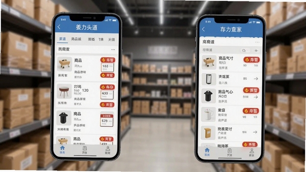 姜力头道商家版库存查询功能界面,手机显示商品列表与库存预警标识,货架背景虚化