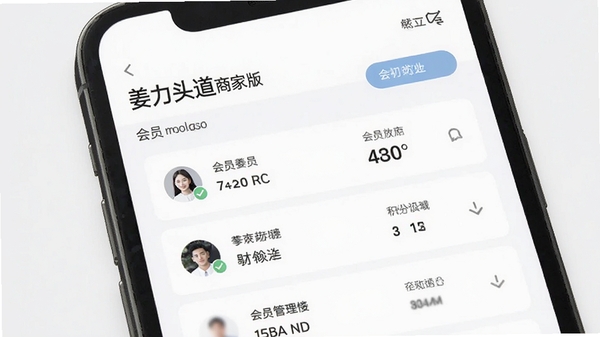 姜力头道商家版会员管理页面展示,手机屏幕特写,显示会员列表与积分信息,现代简约设计