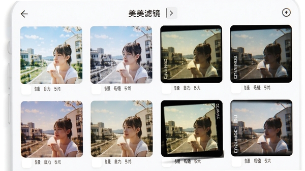 美美滤镜照相机滤镜风格展示界面,手机屏幕中排列多款不同色调的滤镜缩略图,清新日系与复古胶片风格对比,简洁明亮的UI设计