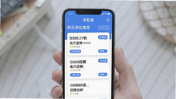 龙爪直聘手机App首页附近岗位推荐界面,蓝色清爽风格,求职者浏览同城招聘列表,屏幕显示岗位卡片与距离标签,真实手机UI设计稿