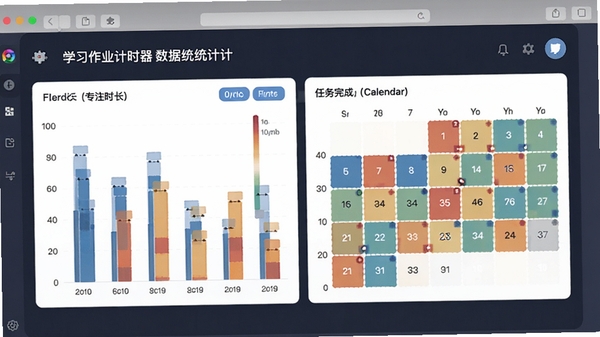 学习作业计时器数据统计页面,展示一周专注时长柱状图与任务完成日历热力图,界面清爽,体现时间管理分析功能