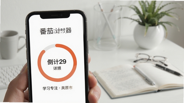 学习作业计时器番茄专注计时界面展示,手机屏幕显示圆形倒计时进度环,背景为简洁学习桌面,突出软件名称与专注功能