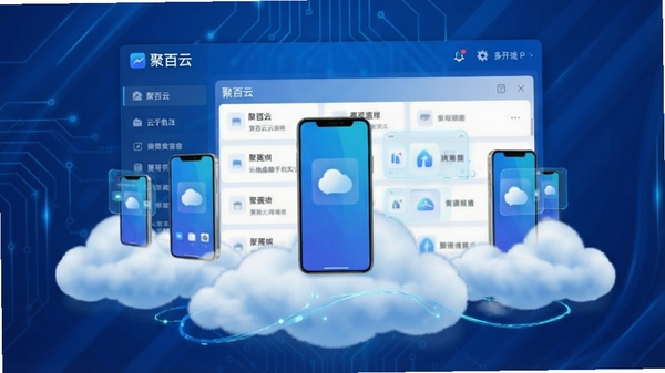 聚百云云手机多开界面展示,云端虚拟手机实例列表,科技蓝配色,手机屏幕悬浮于云朵之上,简洁现代UI风格