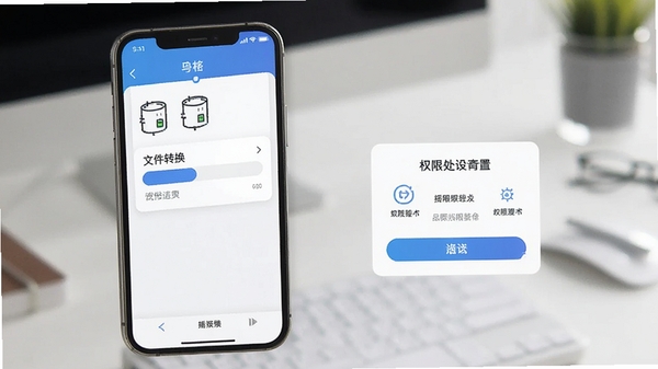 猎化软件移动端操作界面展示,手机屏幕上显示文件转换进度和权限设置提示,界面清爽
