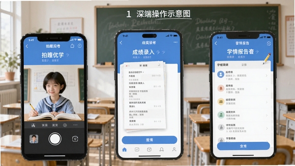 深瞳优学手机端操作示意图,展示拍照阅卷、成绩录入与学情报告查看三个步骤,界面清晰,教育场景风格