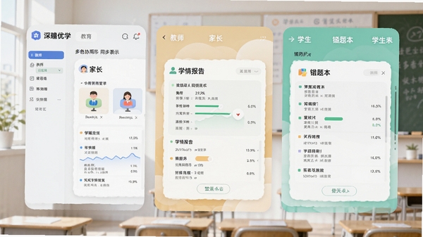 深瞳优学多角色协同管理界面,教师、家长、学生三端数据同步展示,学情报告与错题本同屏呈现,简洁教育UI风格
