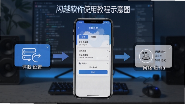 闪越软件使用教程示意图,展示手机屏幕上的下载任务设置与网络优化选项