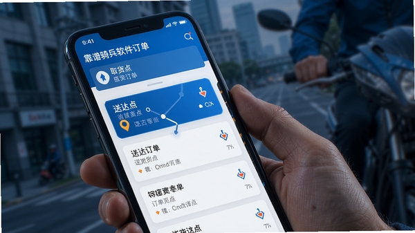 靠谱骑兵软件订单管理界面展示,骑手在手机上查看待接订单列表,界面清晰标注取货点与送达点,科技感蓝色调,写实风格