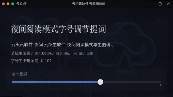 云织讯软件夜间阅读模式与字号调节界面的AI生图提示词,展示深色背景下的清晰文字排版与调节滑块