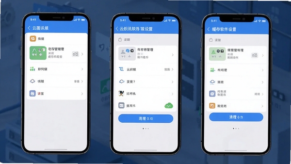 云织讯软件安装设置与缓存管理界面的AI生图提示词,展示手机设置页面中的存储管理选项与清理按钮
