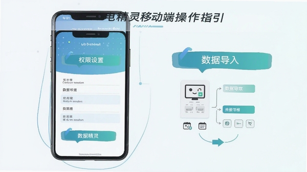 电销精灵移动端操作指引示意图,手机屏幕展示权限设置与数据导入步骤,扁平化设计风格,蓝绿色调