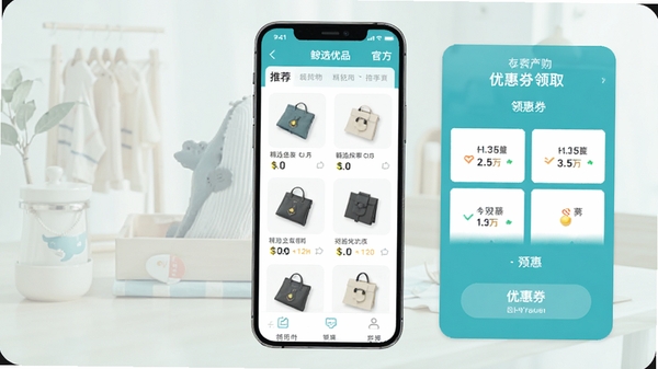 ��ѡ��Ʒapp�ٷ�����չʾ���ֻ���Ļ�г��־�ѡ�����Ƽ��б����Ż�ȯ��ȡҳ�棬���������¼�Լ����ɫ��Ϊ����ɫ������Ϊǳɫ���ﳡ����ͻ����ѡ�������Żݹ�����Ĺ���