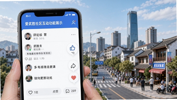 爱武胜社区互动功能展示,用户正在发布本地生活动态,界面显示评论点赞互动元素,背景为武胜城市风貌,突出社交属性与本地化特色