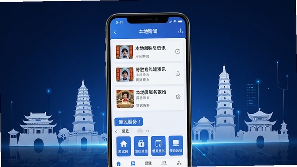 爱武胜软件界面展示,手机屏幕上呈现本地新闻资讯列表与便民服务入口,界面简洁清晰,蓝色主色调,周围环绕武胜地标建筑剪影,科技感与本地特色融合,高清UI展示图