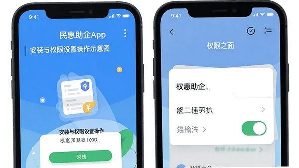 民惠助企App安装与权限设置操作示意图,手机屏幕展示安装引导与权限开关,扁平化插画风格,清晰易懂