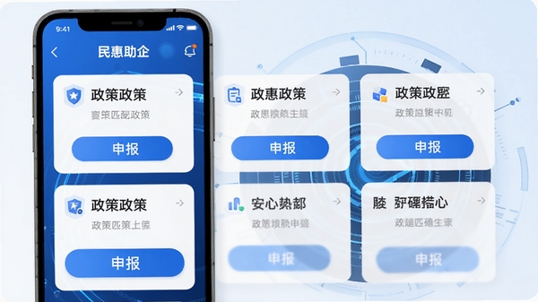 民惠助企手机App政策匹配功能界面展示,蓝色科技风格,清晰的政策卡片列表与申报按钮,简洁现代UI设计