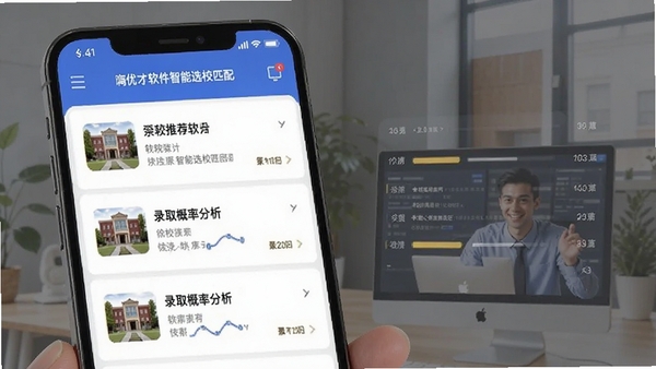 嗨优才软件智能选校匹配界面展示,手机屏幕中呈现院校推荐列表与录取概率分析