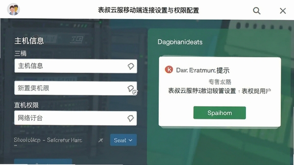 表叔云服移动端连接设置与权限配置界面,展示主机信息填写与网络权限提示,扁平化设计风格