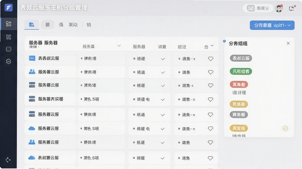 表叔云服多主机分组管理界面,展示服务器列表与分组标签,简洁卡片式布局