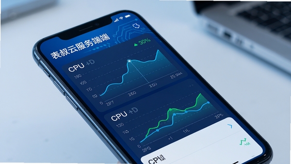 表叔云服务端手机端资源监控面板界面展示,蓝色科技风格,手机屏幕中显示CPU内存磁盘流量趋势图,界面简洁清晰,带软件名称标识