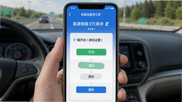 高速路ETC助手安装设置引导界面,手机屏幕展示权限开启与通知设置步骤,简洁操作引导图,蓝白配色