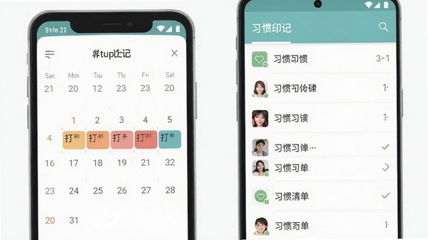ϰ��ӡ���ֻ�App�򿨽��棬������ͼչʾ������ɫ�飬ϰ���嵥�б��������У����������£���׿�ֻ���Ļչʾ����ƽ����Ʒ��