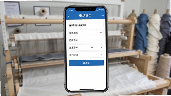 纺支宝采购手机端采购下单界面,纺织面料采购单填写页面,简洁商务风格,蓝色主色调