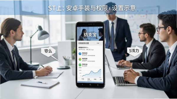 纺支宝采购安卓手机安装界面与权限设置示意,商务办公场景,清晰步骤展示