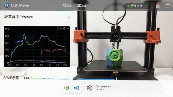 QIDI Maker手机端远程监控3D打印机工作状态的界面截图,显示温度曲线与打印进度