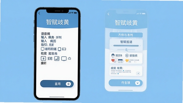 智赋岐黄医生端操作指引示意图,手机屏幕展示语音输入病历与方剂检索步骤,简洁扁平风格