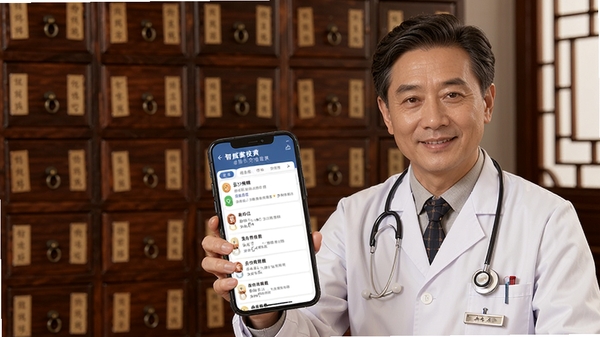智赋岐黄医生端患者随访管理页面,医生在手机上查看复诊提醒列表,背景为中式药柜