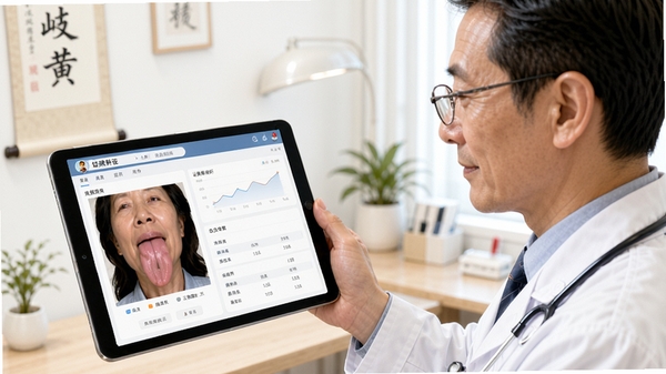 智赋岐黄医生端智能辨证界面,中医大夫手持平板查看患者舌象与证型分析结果,诊室环境明亮整洁