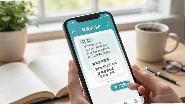 学霸单词本手机界面展示,单词卡片与复习提醒功能,清新学习场景