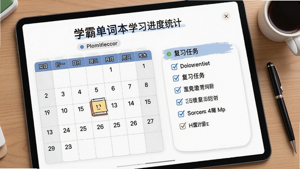 学霸单词本学习进度统计页面,打卡日历与复习任务清单